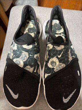Nike Floral Slip-On Sneakers in Black and Cream